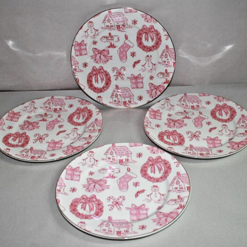 Grace Teaware Pink Red Christmas Salad Plates 8” Set of 4 NEW Free Ship